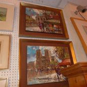 A pair of oils on canvas parisien scenes in gilt frames.