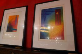 A pair of brightly coloured abstract paintings radial VIII and Opus II signed indistincly and