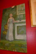 A C20th unframed oil on canvas of a lady in a blue dress waiting in a drawing room signed bottom