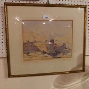 A watercolour and pen desert landscape study glazed and framed