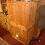A pair of contemporary pine cabinets fitted pair of panel doors enclosing shelves