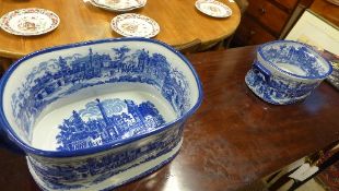 Two blue and white pottery footbaths bot