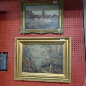 An oil on board fortified town in gilded