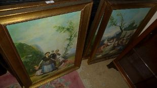 A set of four oleographs depicting genre scenes in gilded frames