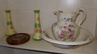 A pot lid, Victorian jug and basin and a pair of Art Nouveau porcelain vases