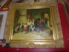 A large oil on canvas of children seated