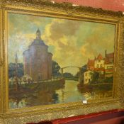 An oil on canvas Northern European river scene signed Dankmeyer in carved gilt frame