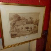 A C19th sepia wash farmyard with cattle