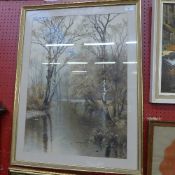 A watercolour silver birch lined stream