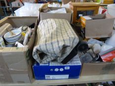 4 Boxes of Bric-a-Brac including China & Glassware - Pine Bathroom Cabinet & Shopping Trolley