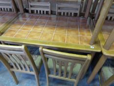 Rectangular Tile Topped Beech Framed Table with 4 Beech Framed Slat Back Chairs with Upholstered