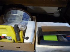 2 Boxes of Bric-a-Brac containing Clock Domes - Mirrors - Battery Chargers - Office Sundries etc