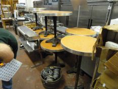 8 Circular Bar Tables with Pseudo Maple Tops on Cast Iron Pedestals with 2 Matching Poser Tables