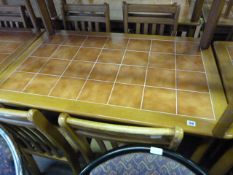 Rectangular Tile Topped Beech Framed Table with 4 Beech Framed Slat Back Chairs with Upholstered