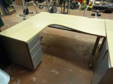 L Shape Desk with Stand Alone Drawer Pedestal in Light Wood & Silver Finish