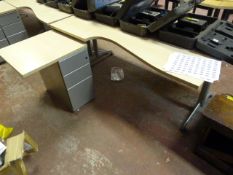 L Shape Desk with Stand Alone Drawer Pedestal in Light Wood & Silver Finish