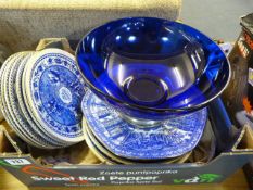 Box containing Blue & White Cabinet Plates& Glass Bowl