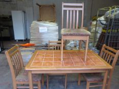 Rectangular Tile Topped Beech Framed Table with 4 Beech Framed Slat Back Chairs with Upholstered