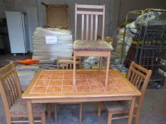 Rectangular Tile Topped Beech Framed Table with 4 Beech Framed Slat Back Chairs with Upholstered