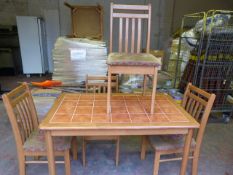 Rectangular Tile Topped Beech Framed Table with 4 Beech Framed Slat Back Chairs with Upholstered
