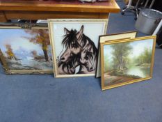1970's Glass Horse Picture - Oil on Canvas Depicting a Country Scene etc