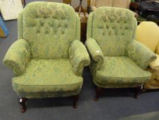2 Green Floral Winged Arm Chairs