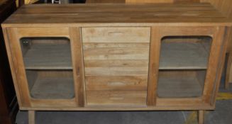 1 x Modern Solid Oak Unit with 2 Sliding Side Doors – Houses Shelving & 5 Central Drawers – Ex