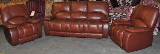 1 x Luxurious Italian Leather 3 Seater Sofa with 2 Chair Matching Reclining Suite - 3 Seater