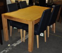 1 x Light Oak Table Accompanied By 4 Genuine Leather Chairs in Navy Blue – Ex Display - Dimensions :
