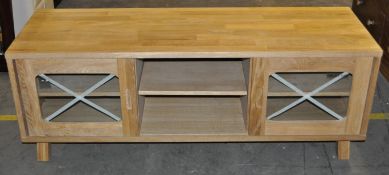 1 x Solid Oak Wood Actona TV Unit With Sliding Doors & Shelves – Ex Display - Dimensions :