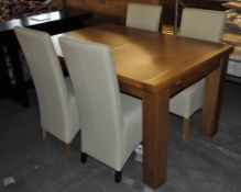 1 x Oak Extending Table with 4 Cream Leather Chairs – Ex Display - Dimensions : Closed 140x100cm ,
