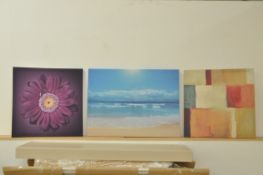 3 x Pieces Of Wall Art - 3 Designs Supplied (Abstract, Purple Flower, Daisy & Maldives) See