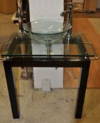 1 x Glass Topped Bathroom Sink With Tall Tap and Bowel – Ref: FC583 – In A Dark Wood Finish –