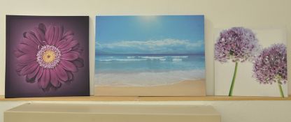 3 x Pieces Of Wall Art - 3 Designs Supplied (Flowers, Purple Flower & Maldives)