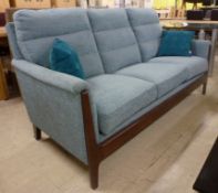1 x Cintique Three Seater Sofa - Ref: FC53 - Beautifully Upholstered in Blue Fabric Over A Dark