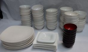 80 x White Plates/Bowls – Ref : CAT076 – Various Shapes & Sizes – 60 x Bowls, 10 x Rounded Plates,