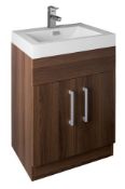 1 x Xpress Walnut 600mm Two Door Vanity Cabinet With Heavy Resin Composite Sink Basin - Contemporary