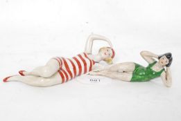 Two Art Deco style ceramic china figures of bathing beauties, each hand painted.  Weight 681 grams