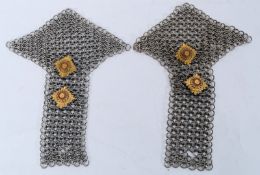 2 chain mail garters having applied enamel gilt metal badges with latin inscribed centres ' Tria
