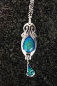 A white metal 925 silver and enamel art nouveau style pendant necklace