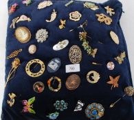 Collection of brooches pinned on a cushion