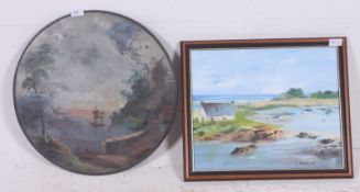 A possible 19th century oil on slate painting of a harbour scene together with an oil on canvas
