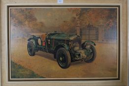 A mid 20th century retro framed print depicting a 4.5 litre supercharged Bentley after a painting by
