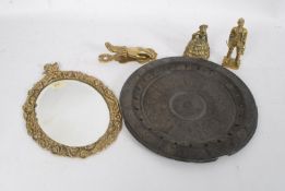 A mixed lot of brass and other metal items to include a large cast iron / alloy tray, brass door