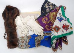 A collection of ladies vintage garments to include gloves,  fur stole, Silk Scarves etc