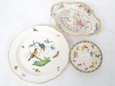 A 19th century Dresden botanical design lozenge dish together with a Victorian Wedgwood bird and