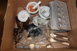 A box of vintage 20th century Industrial / school laboratory glass and equipment.