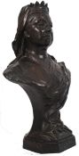 A Brossy: An early 20th century bronze bust of Queen Victoria. Sculpted on a plinth base, signed