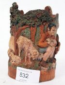 An antique Breton Wood French carved wood inkwell / brush pot, with notation to base  Detailed