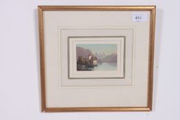 A later framed 19th century miniature oil on board painting of Castle Chillon, Lake Geneva in the